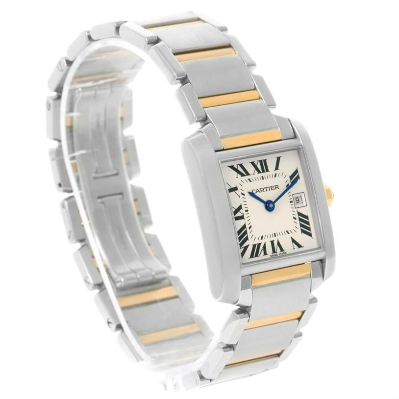 The image shows a Cartier Tank Française watch angled to display its face, bracelet, and side crown prominently.