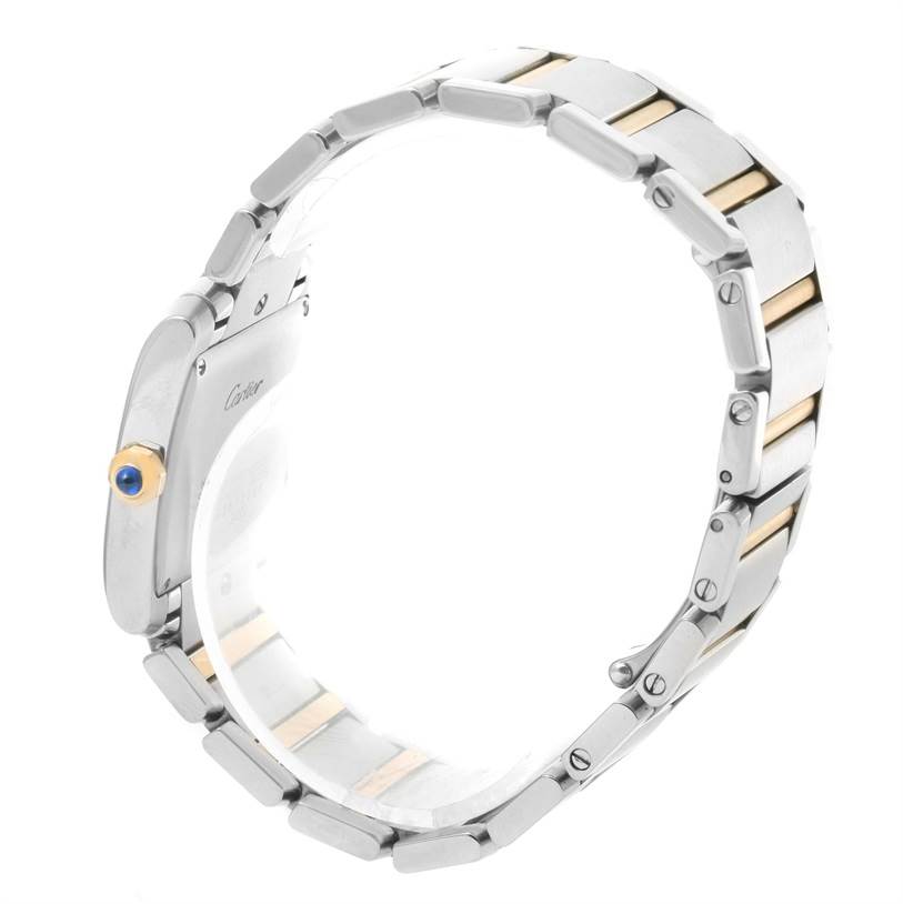 The Cartier Tank Francaise W51012Q4 Women's Steel and Gold (two tone) Silver Dial W51012Q4 Women's Steel and Gold (two tone) Silver Dial watch is shown from a rear side angle, highlighting its bracelet and crown details.