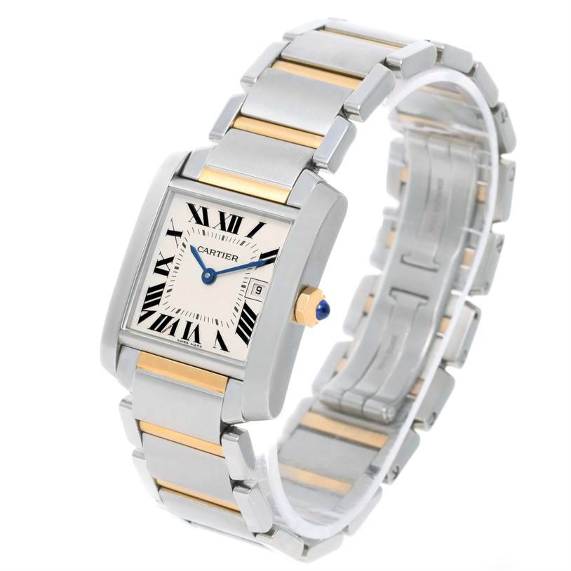 The image shows a Cartier Tank Francaise W51012Q4 Women's Steel and Gold (two tone) Silver Dial W51012Q4 Women's Steel and Gold (two tone) Silver Dial watch at an angle highlighting the face, bracelet, and crown.