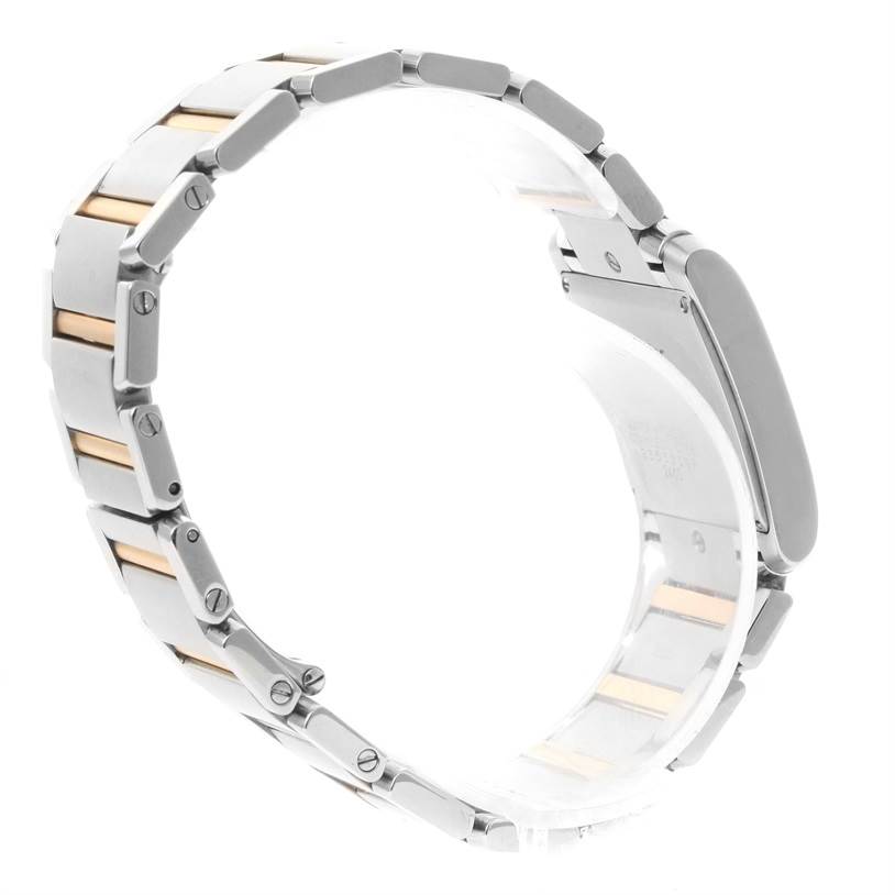 The image shows the side view of a Cartier Tank Française watch, highlighting the bracelet links and the clasp.