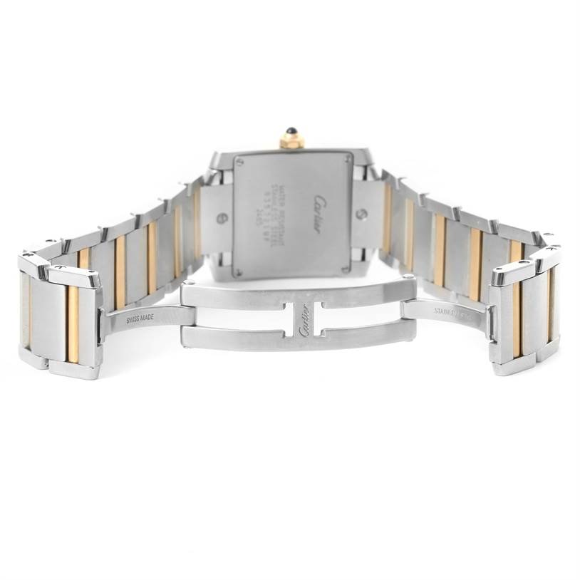 This image shows the back view of the Cartier Tank Française watch, including the clasp and bracelet.