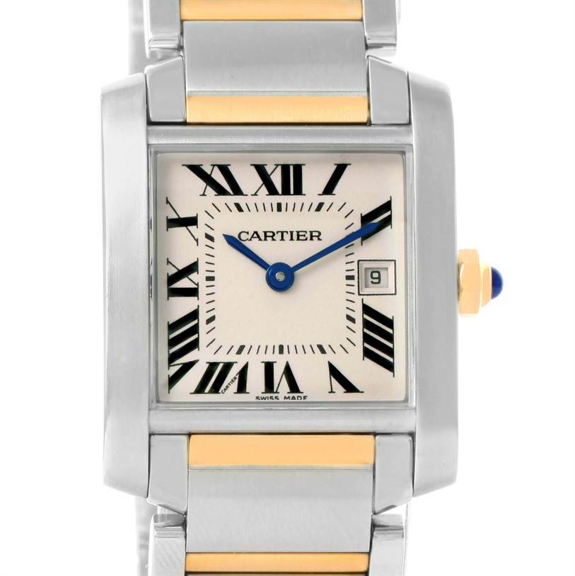 The image shows the face and part of the band of a Cartier Tank Française watch, displaying the dial, bezel, and date feature.