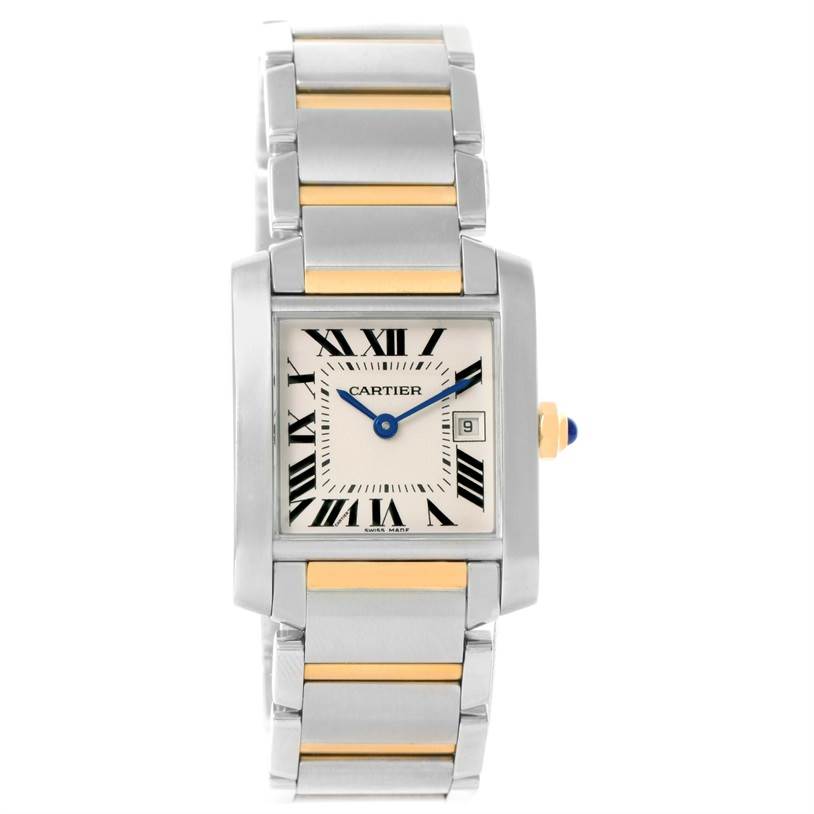 The image shows a front view of a Cartier Tank Française watch, displaying the dial, bracelet, and crown.
