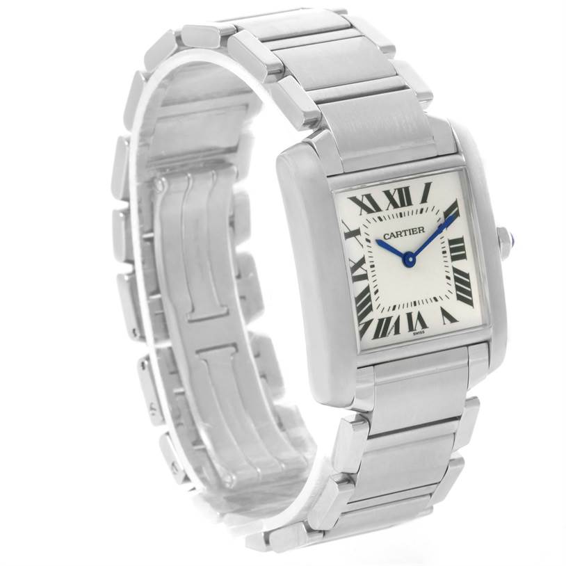 The image shows a Cartier Tank Francaise WSTA0005 Women's Stainless Steel Silver Dial WSTA0005 Women's Stainless Steel Silver Dial watch angled to display its rectangular face and metal bracelet.