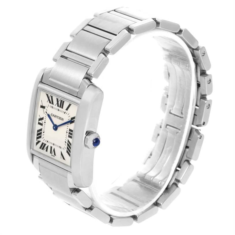 This image shows a Cartier Tank Francaise WSTA0005 Women's Stainless Steel Silver Dial WSTA0005 Women's Stainless Steel Silver Dial watch viewed from a front angle, highlighting its face, case, bezel, and bracelet.