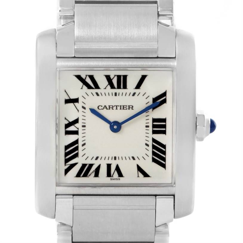 The image shows a front view of a Cartier Tank Francaise WSTA0005 Women's Stainless Steel Silver Dial WSTA0005 Women's Stainless Steel Silver Dial watch, displaying the face, crown, and part of the bracelet.