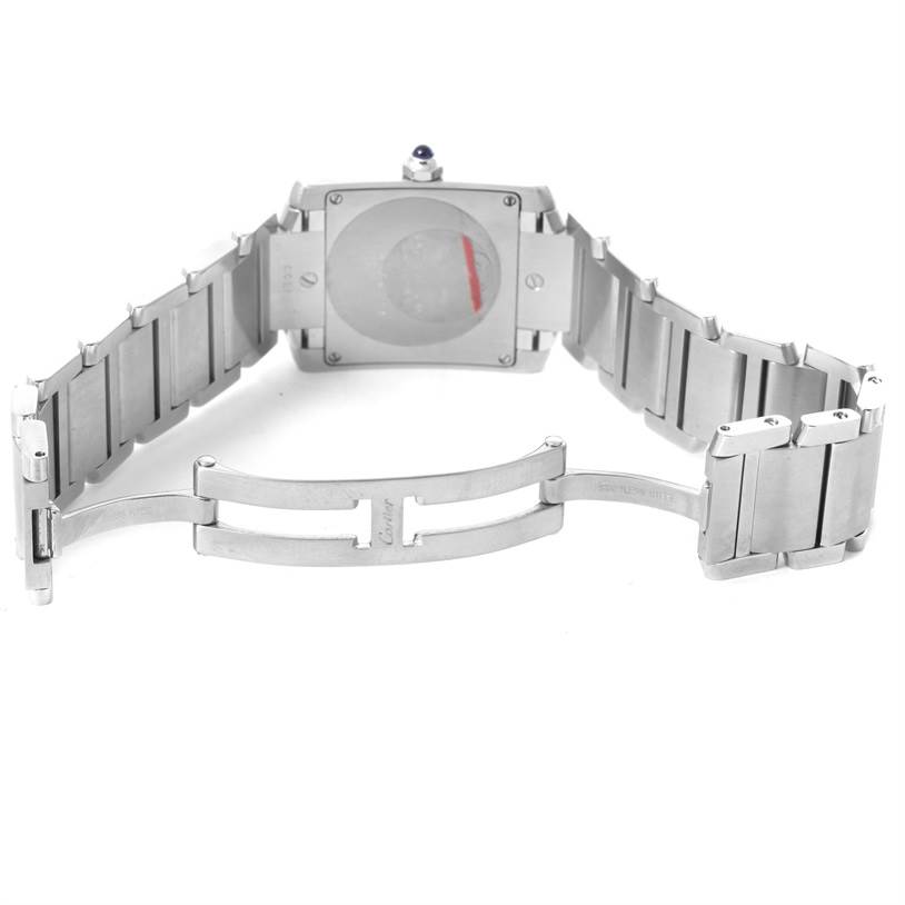 The image shows the back and clasp of a Cartier Tank Francaise WSTA0005 Women's Stainless Steel Silver Dial WSTA0005 Women's Stainless Steel Silver Dial watch, displayed with the strap open.