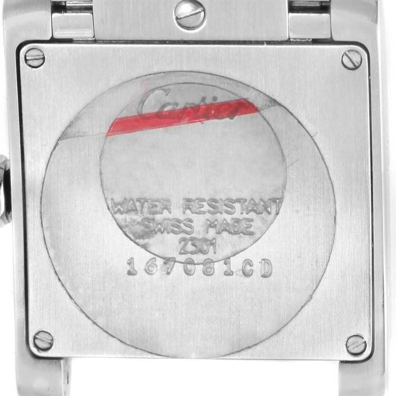 This image shows the back casing of a Cartier Tank Francaise WSTA0005 Women's Stainless Steel Silver Dial WSTA0005 Women's Stainless Steel Silver Dial watch, featuring the model's inscriptions.