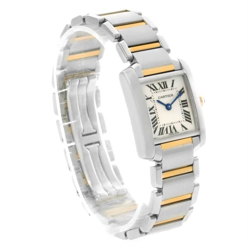 This image shows a Cartier Tank Francaise W51007Q4 Women's Steel and Gold (two tone) Silver Dial W51007Q4 Women's Steel and Gold (two tone) Silver Dial watch at a 3/4 angle, highlighting its rectangular dial and metal bracelet with gold accents.