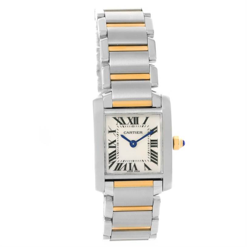 The image shows a Cartier Tank Francaise W51007Q4 Women's Steel and Gold (two tone) Silver Dial W51007Q4 Women's Steel and Gold (two tone) Silver Dial watch with a front view, highlighting the rectangular face, Roman numerals, and metal bracelet.