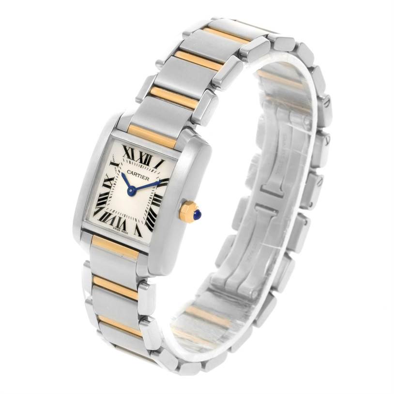 This image shows the Cartier Tank Française watch at a diagonal angle, highlighting the rectangular face, two-tone bracelet, and Roman numeral dial.