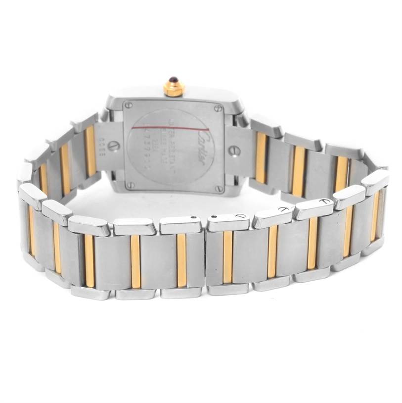 The image shows the back and bracelet of a Cartier Tank Francaise W51007Q4 Women's Steel and Gold (two tone) Silver Dial W51007Q4 Women's Steel and Gold (two tone) Silver Dial watch.