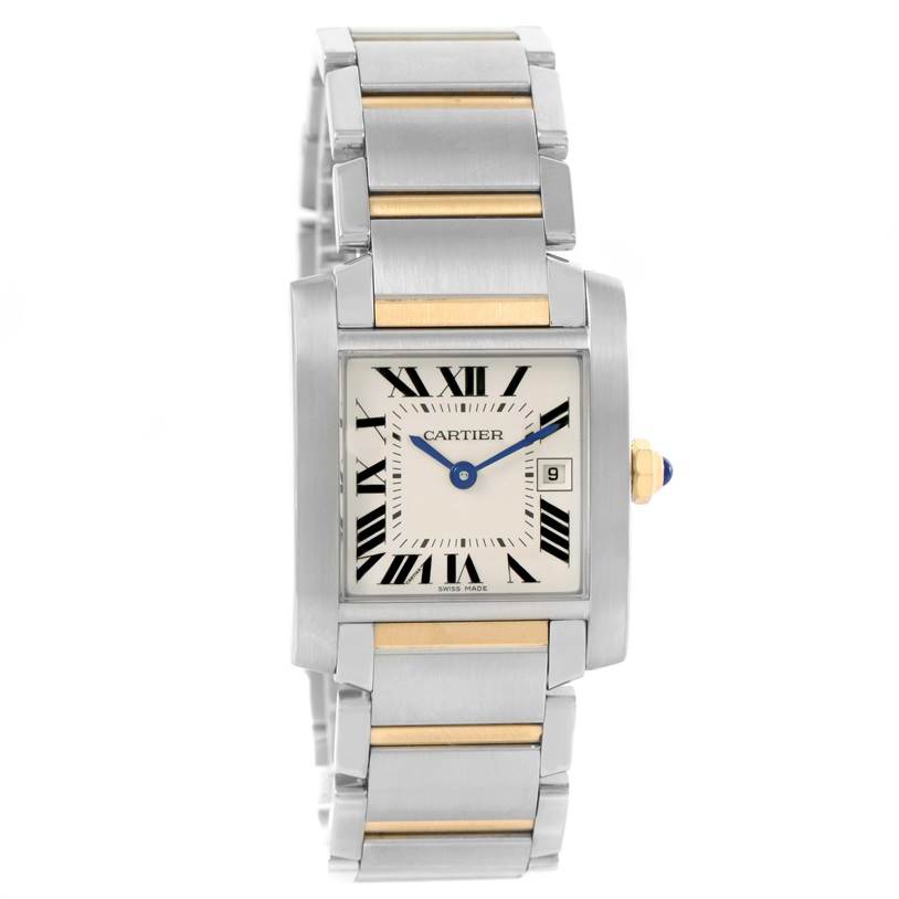 This Cartier Tank Française watch is shown from the front, displaying its face, hands, bracelet, and crown.