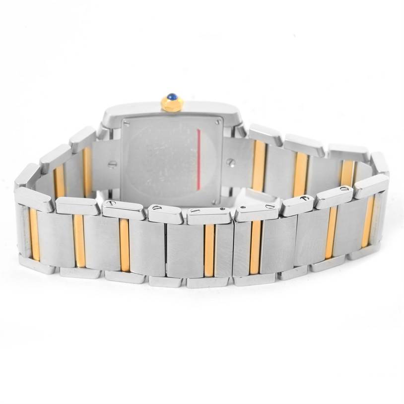 This image shows the back view of a Cartier Tank Francaise W51012Q4 Women's Steel and Gold (two tone) Silver Dial W51012Q4 Women's Steel and Gold (two tone) Silver Dial watch, highlighting the two-tone metal bracelet and the case back.