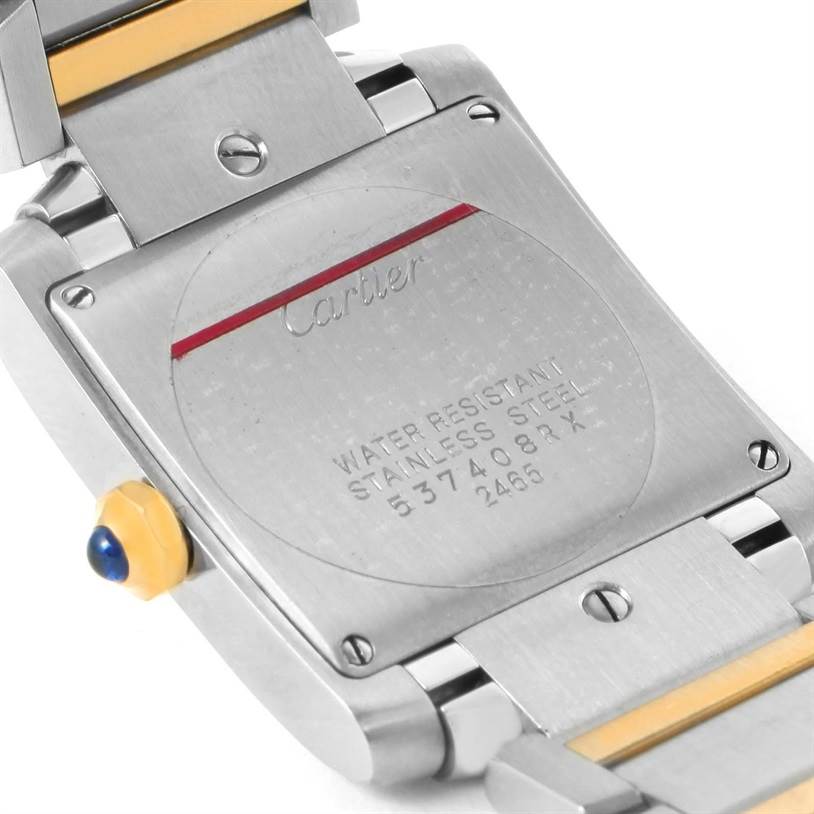The image shows the back case of a Cartier Tank Francaise W51012Q4 Women's Steel and Gold (two tone) Silver Dial W51012Q4 Women's Steel and Gold (two tone) Silver Dial watch, highlighting the stainless steel material and the model's details.
