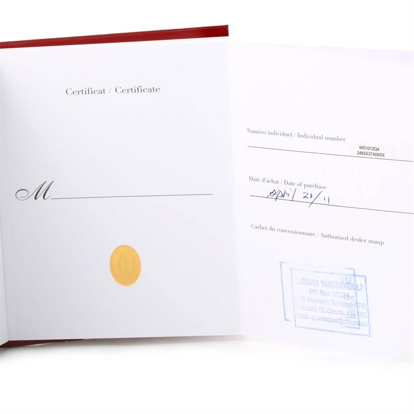 This image shows the certificate of authenticity and purchase details for the Cartier Tank Francaise W51012Q4 Women's Steel and Gold (two tone) Silver Dial W51012Q4 Women's Steel and Gold (two tone) Silver Dial model.