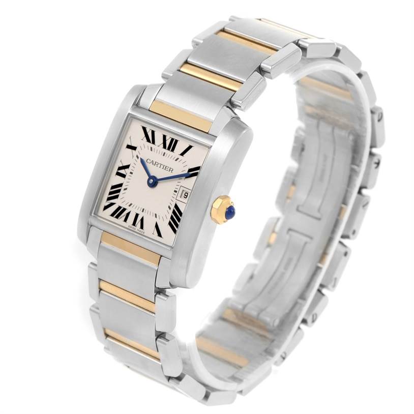 The Cartier Tank Francaise W51012Q4 Women's Steel and Gold (two tone) Silver Dial W51012Q4 Women's Steel and Gold (two tone) Silver Dial watch is shown at a left-side angle, displaying its face, bracelet, and gold accents.