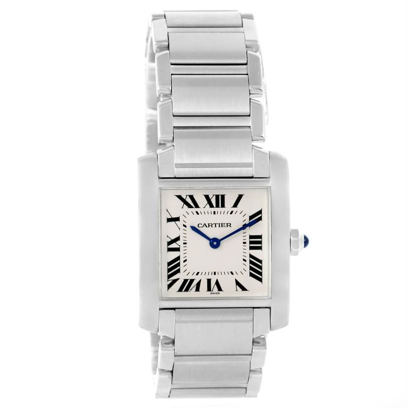 This image shows a front view of a Cartier Tank Francaise WSTA0005 Women's Stainless Steel Silver Dial WSTA0005 Women's Stainless Steel Silver Dial watch, displaying its face, bracelet, and crown.