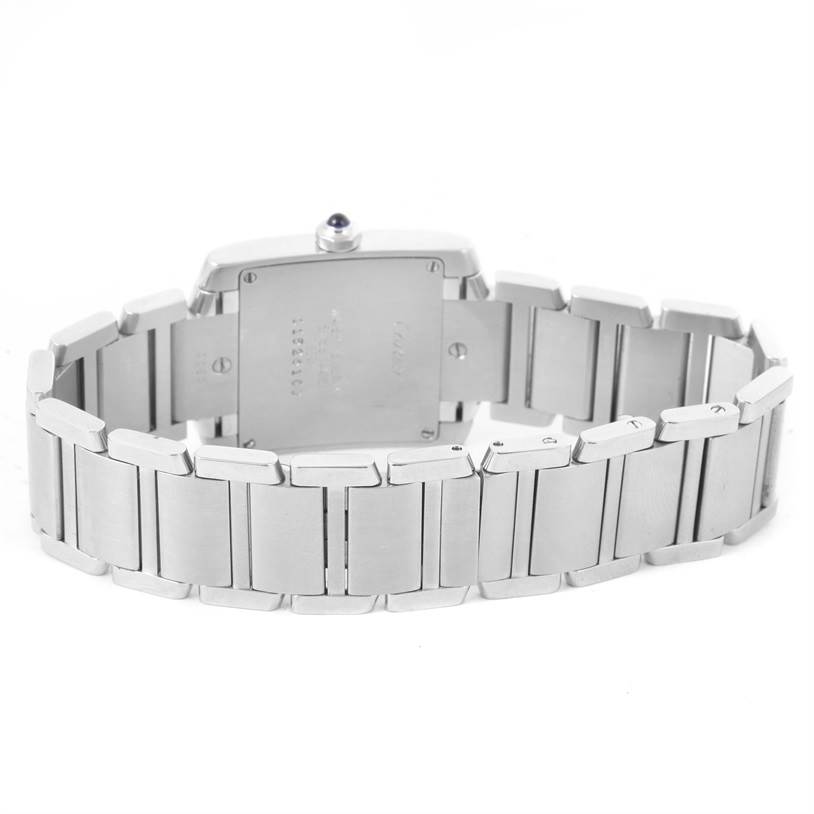 This image shows the case back and metal bracelet of the Cartier Tank Francaise WSTA0005 Women's Stainless Steel Silver Dial WSTA0005 Women's Stainless Steel Silver Dial watch.