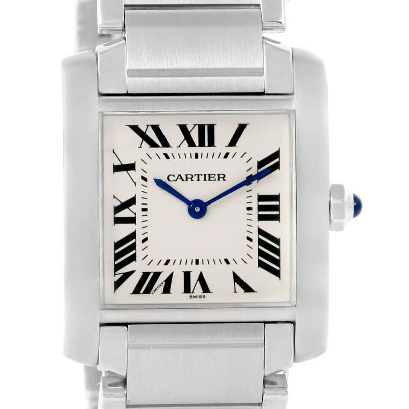 This image shows a front view of the Cartier Tank Francaise WSTA0005 Women's Stainless Steel Silver Dial WSTA0005 Women's Stainless Steel Silver Dial, highlighting the dial, case, and bracelet.
