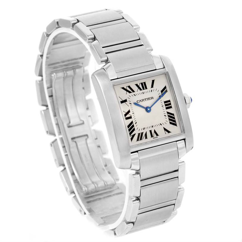 The image shows the front and side angles of a Cartier Tank Française watch, highlighting the face, bracelet, and case.