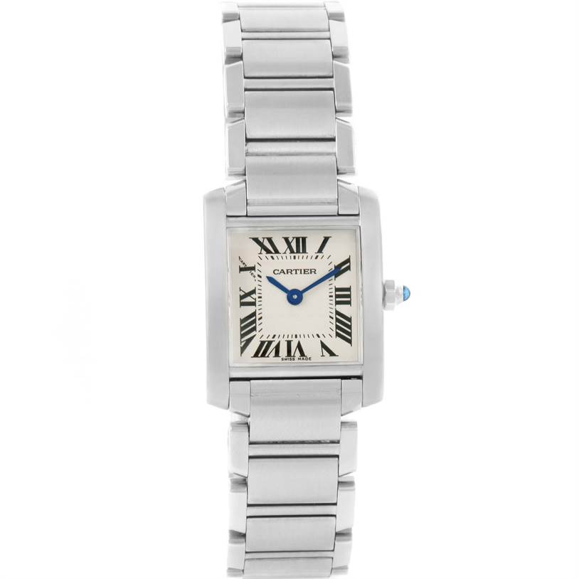 This Cartier Tank Francaise W51008Q3 Women's Stainless Steel Silver Dial W51008Q3 Women's Stainless Steel Silver Dial watch is shown from the front, highlighting its face, hands, bracelet, and crown.