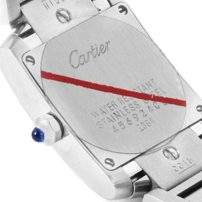 This image shows the back case and part of the bracelet of a Cartier Tank Française watch, viewed from a straight angle.