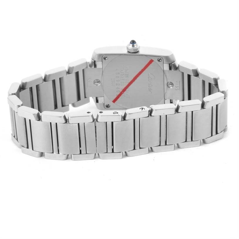 The image shows the back case and metal bracelet of a Cartier Tank Francaise W51008Q3 Women's Stainless Steel Silver Dial W51008Q3 Women's Stainless Steel Silver Dial watch from an angled, slightly elevated view.