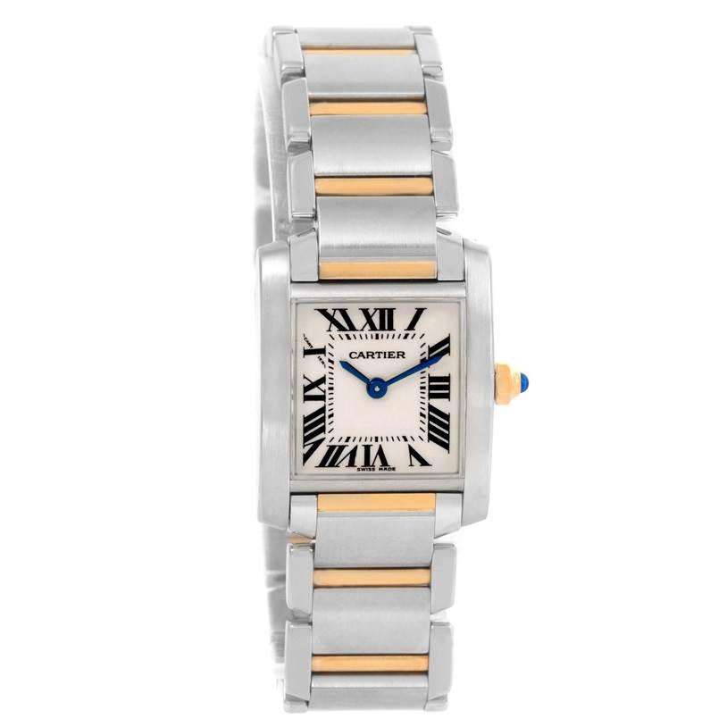 This Cartier Tank Francaise W51007Q4 Women's Steel and Gold (two tone) Silver Dial W51007Q4 Women's Steel and Gold (two tone) Silver Dial watch is shown from the front angle, displaying its rectangular face and bracelet.