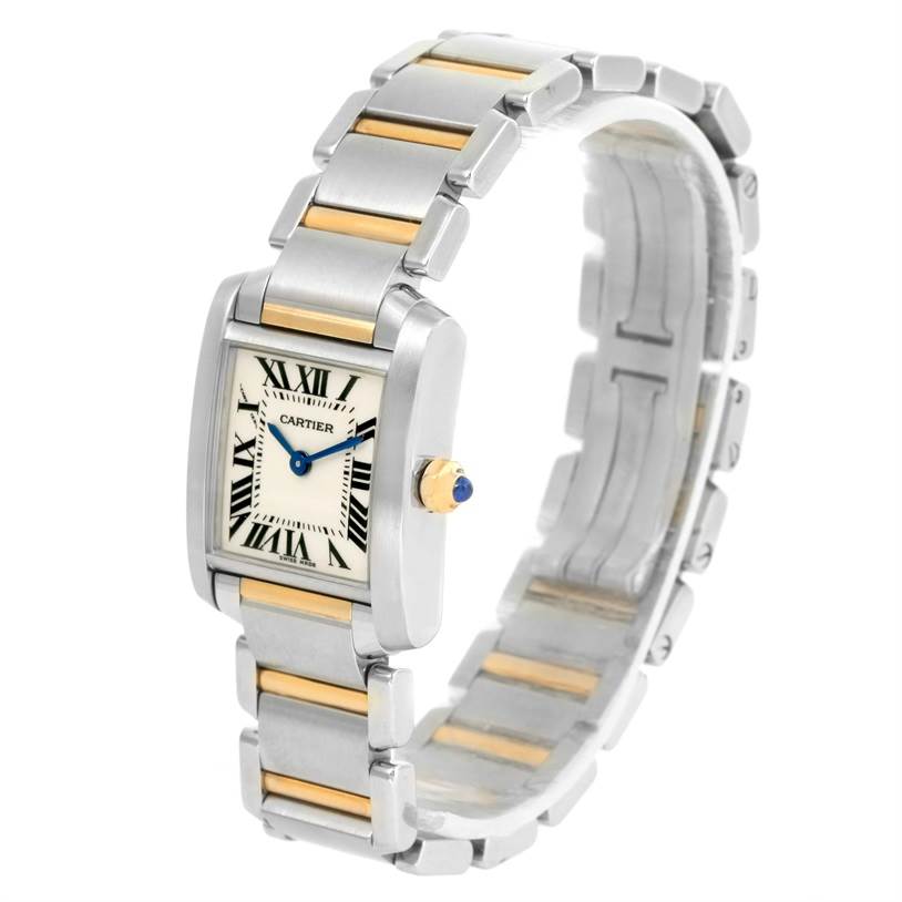 The image shows a Cartier Tank Francaise W51007Q4 Women's Steel and Gold (two tone) Silver Dial W51007Q4 Women's Steel and Gold (two tone) Silver Dial watch from an angled side view, highlighting its two-tone metal band and rectangular face.