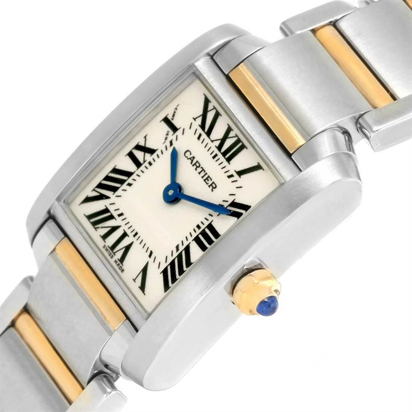 The image shows a close-up angle of the Cartier Tank Francaise W51007Q4 Women's Steel and Gold (two tone) Silver Dial W51007Q4 Women's Steel and Gold (two tone) Silver Dial watch, highlighting its face, side crown, and part of the bracelet.
