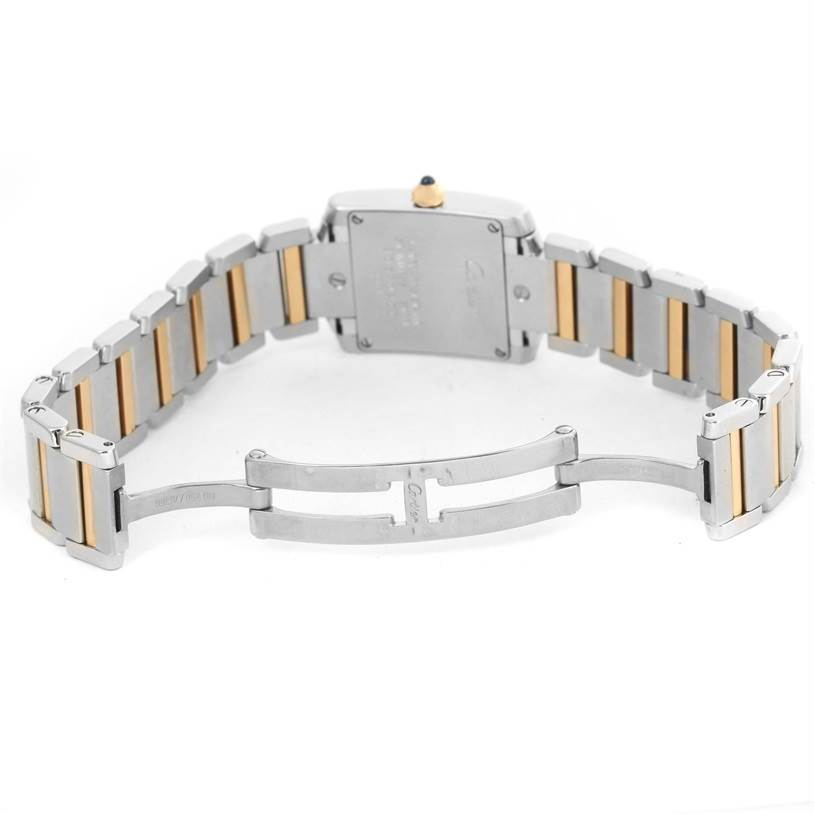 This image shows the back view and the clasp of the Cartier Tank Francaise W51007Q4 Women's Steel and Gold (two tone) Silver Dial W51007Q4 Women's Steel and Gold (two tone) Silver Dial watch, highlighting its two-tone metal bracelet.