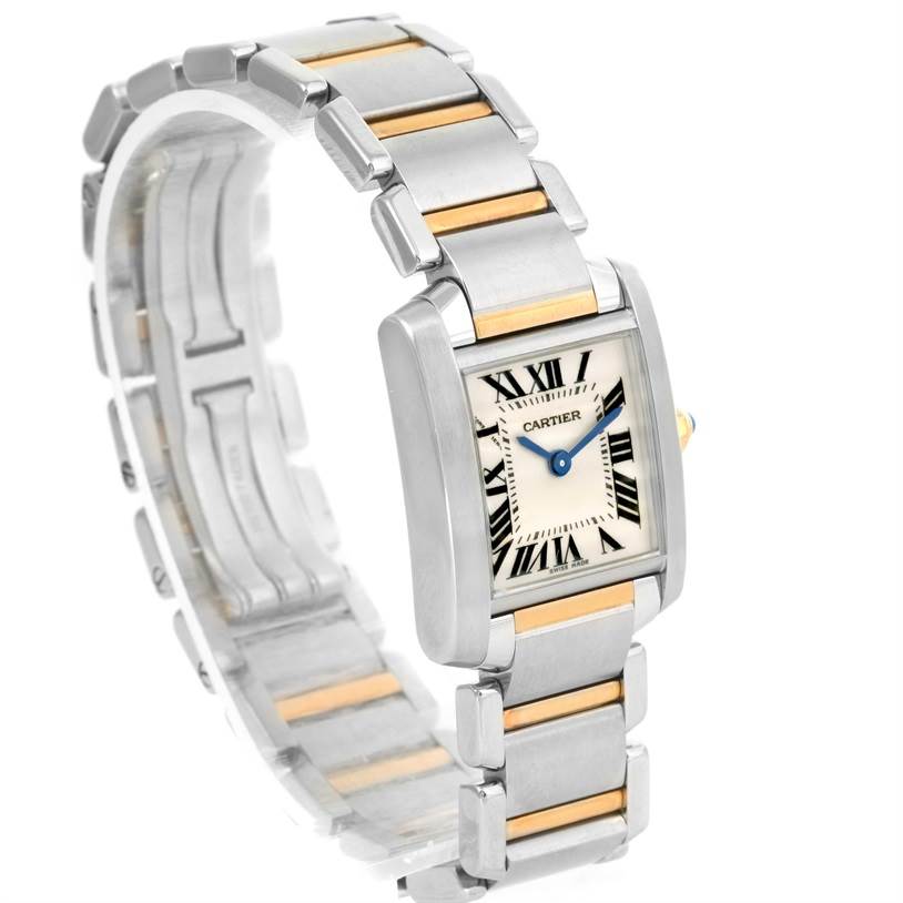 The image shows a Cartier Tank Francaise W51007Q4 Women's Steel and Gold (two tone) Silver Dial W51007Q4 Women's Steel and Gold (two tone) Silver Dial watch at an angled side view, highlighting the bracelet and face with Roman numerals.