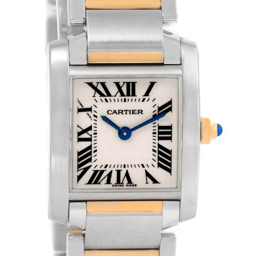This image shows a close-up of the Cartier Tank Française watch face and part of the bracelet.