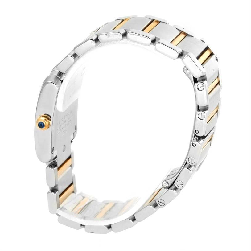 This image shows a side view of the Cartier Tank Francaise W51007Q4 Women's Steel and Gold (two tone) Silver Dial W51007Q4 Women's Steel and Gold (two tone) Silver Dial watch bracelet, highlighting the two-tone metal links and clasp.