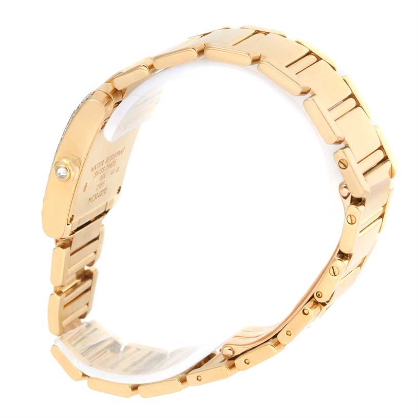 The image shows the side and backside of the Cartier Tank Francaise WE1001R8 Women's Yellow Gold Silver Dial WE1001R8 Women's Yellow Gold Silver Dial watch, focusing on the metal bracelet and clasp.