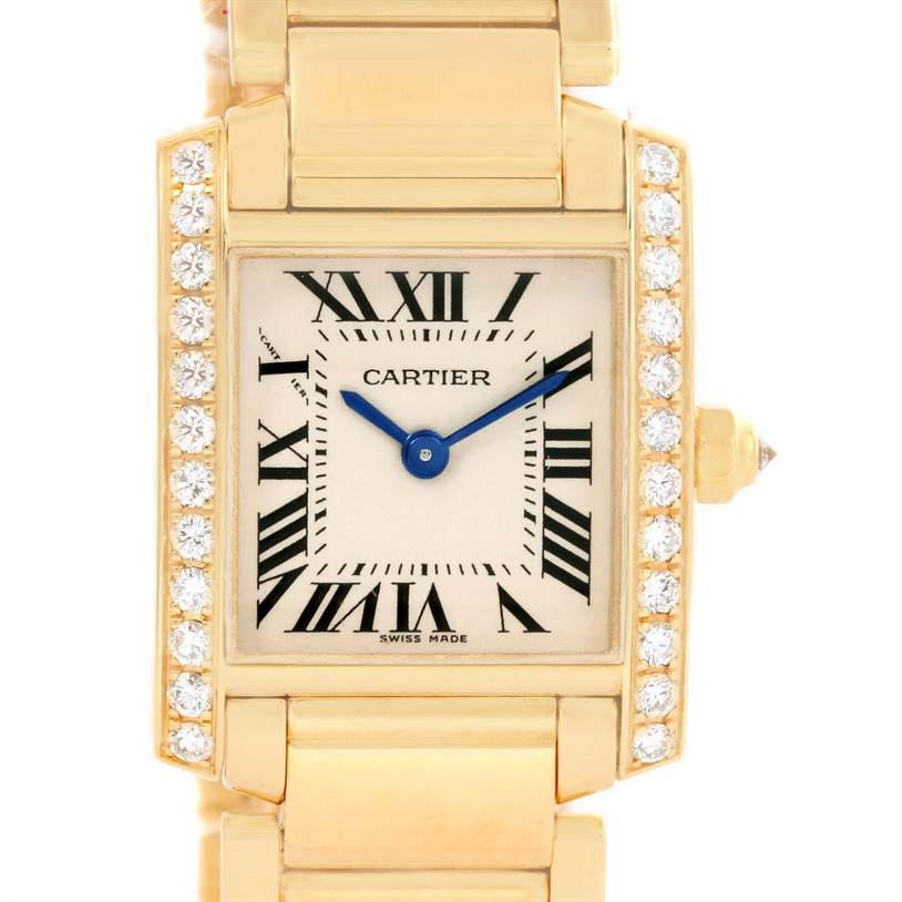 The image shows a front view of the Cartier Tank Française watch, highlighting the face, bezel, and part of the bracelet.