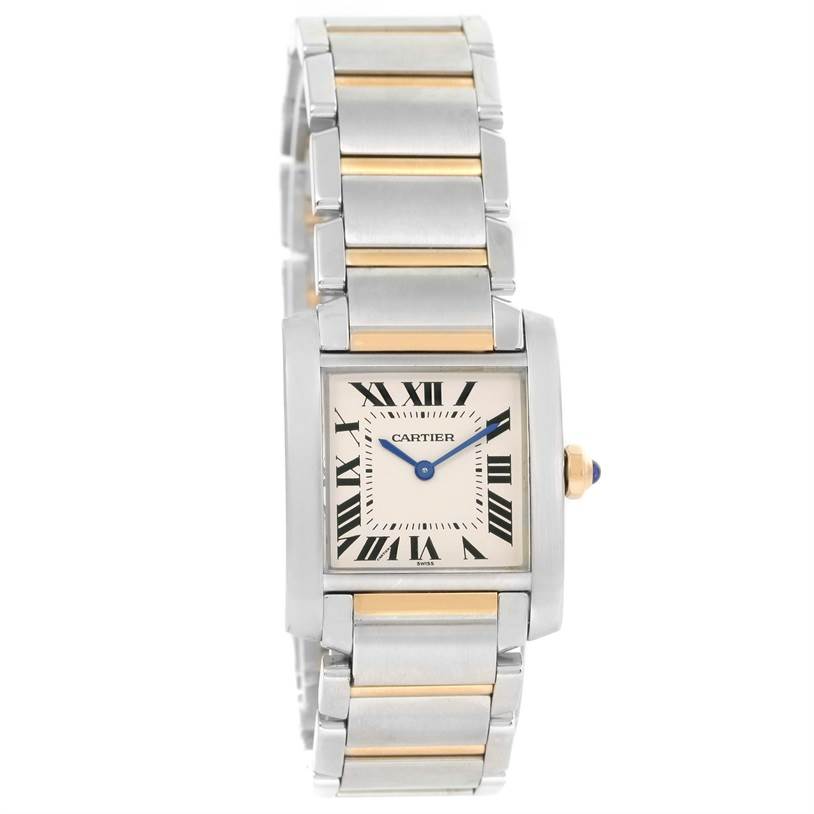 The Cartier Tank Francaise W2TA0003 Women's Steel and Gold (two tone) Silver Dial W2TA0003 Women's Steel and Gold (two tone) Silver Dial watch is shown at a slight angle, displaying the face, bracelet, and crown with blue cabochon.