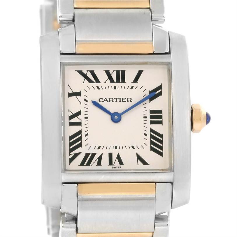 This Cartier Tank Francaise W2TA0003 Women's Steel and Gold (two tone) Silver Dial W2TA0003 Women's Steel and Gold (two tone) Silver Dial watch is shown from a front angle, displaying the face, hands, Roman numerals, and part of the bracelet.