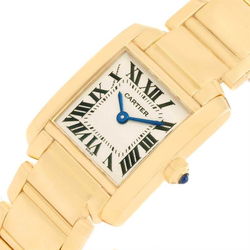 This is a Cartier Tank Francaise W50002N2 Women's Yellow Gold Silver Dial W50002N2 Women's Yellow Gold Silver Dial watch shown from an oblique angle, displaying the dial, bracelet, and crown.