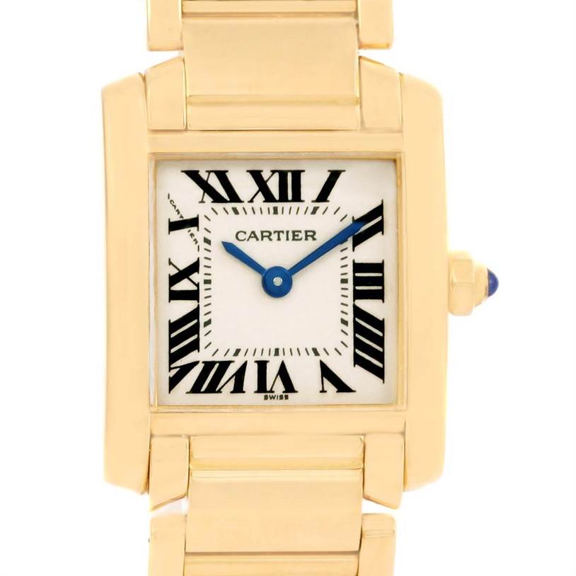 This image shows the Cartier Tank Francaise W50002N2 Women's Yellow Gold Silver Dial W50002N2 Women's Yellow Gold Silver Dial watch face and part of the bracelet, viewed from the front.