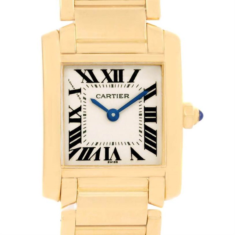 This image shows the Cartier Tank Francaise watch face and part of the bracelet, viewed from the front.