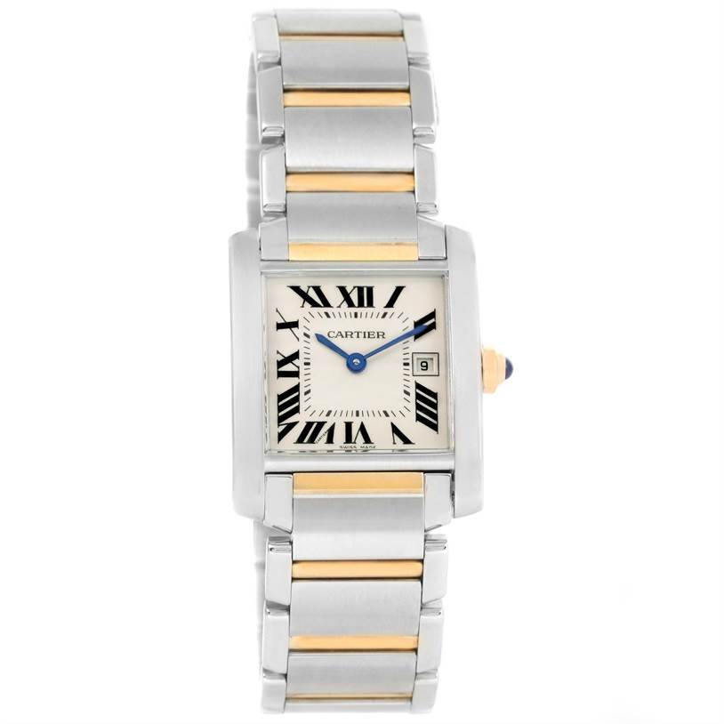 The image shows a head-on view of the Cartier Tank Française watch, displaying the rectangular face and full stainless steel and gold bracelet.