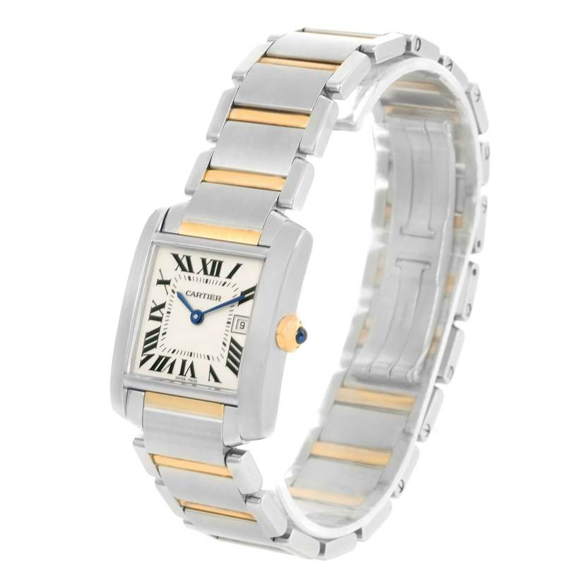 The Cartier Tank Francaise W51012Q4 Women's Steel and Gold (two tone) Silver Dial W51012Q4 Women's Steel and Gold (two tone) Silver Dial watch is shown at an angle highlighting its face, case, and two-tone metal bracelet.