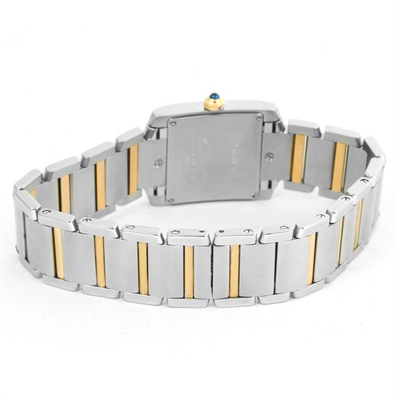 The image shows the back view and bracelet of a Cartier Tank Francaise W51012Q4 Women's Steel and Gold (two tone) Silver Dial W51012Q4 Women's Steel and Gold (two tone) Silver Dial watch in silver and gold tone.