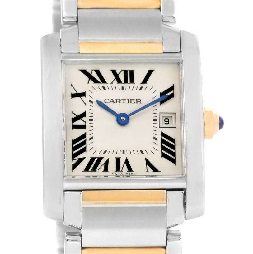 The image shows a front view of a Cartier Tank Francaise W51012Q4 Women's Steel and Gold (two tone) Silver Dial W51012Q4 Women's Steel and Gold (two tone) Silver Dial watch, highlighting its face, bracelet, and crown.