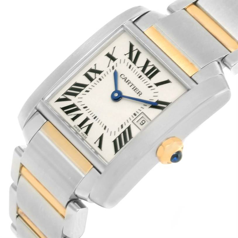 The image shows a close-up of a Cartier Tank Francaise W51012Q4 Women's Steel and Gold (two tone) Silver Dial W51012Q4 Women's Steel and Gold (two tone) Silver Dial watch, highlighting its rectangular face, Roman numerals, and two-tone bracelet.