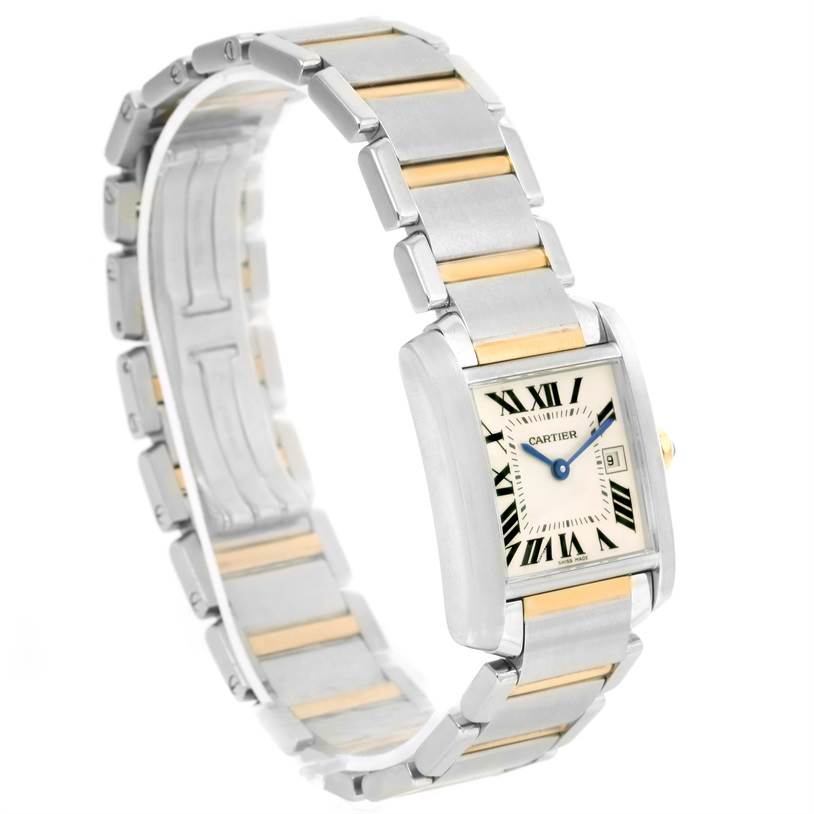 The image shows a Cartier Tank Française watch at a slight angle, highlighting its rectangular case, Roman numeral dial, and two-tone metal bracelet.