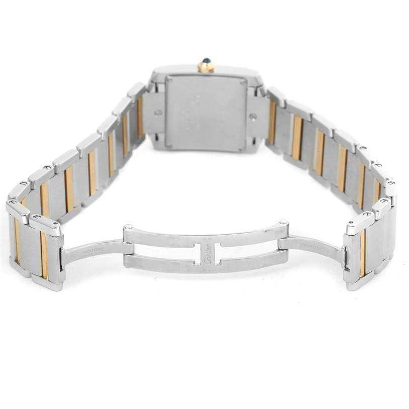 The image shows the back view of a Cartier Tank Francaise W51012Q4 Women's Steel and Gold (two tone) Silver Dial W51012Q4 Women's Steel and Gold (two tone) Silver Dial watch, displaying the bracelet and clasp.