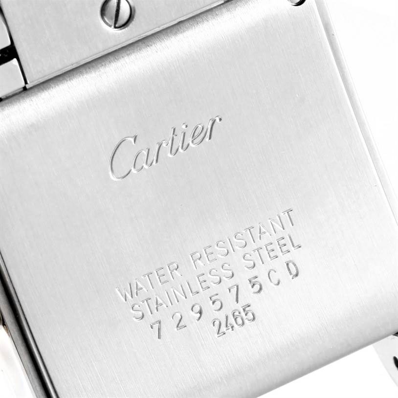 This image shows the back case of a Cartier Tank Francaise W51012Q4 Women's Steel and Gold (two tone) Silver Dial W51012Q4 Women's Steel and Gold (two tone) Silver Dial watch, highlighting its water resistance and stainless steel material.